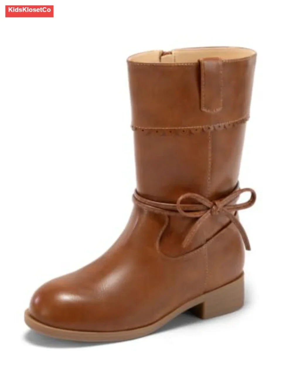 Girls Mid Calf Boots Cute Round Toe Bow Side Zipper Riding Boots